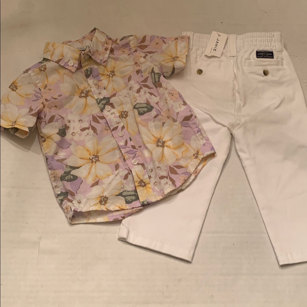 NWT Janie and Jack Boys White Chino pants & EUC poplin  shirt both 12- 18 months